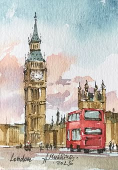 a watercolor painting of the big ben clock tower and red bus in london, england