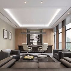 a living room filled with lots of furniture next to tall windows and wooden paneling