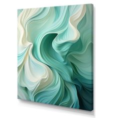 an abstract painting with blue and white swirls on the canvas, mounted to a wall