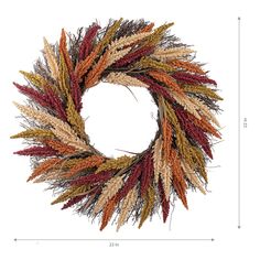 a wreath made out of dried grass with measurements for the size and width on it