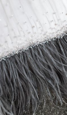 Haute Couture Fabric | Tulle with ostrich feathers and beaded fringes in grey and anthracite colors Haute Couture Fabric, Couture Fabric, Evening Cocktail Party, Feather Embroidery, Black Beaded Dress, Saree Tassels, Beaded Bead, Tambour Embroidery, Couture Embroidery