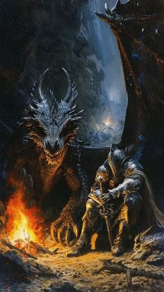 two men sitting next to each other in front of a fire with a dragon on it