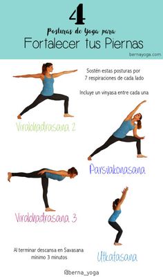 a woman doing yoga poses with the words in spanish and english on her chests