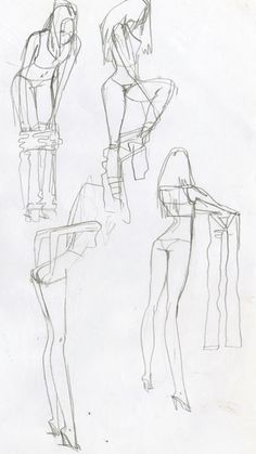 a drawing of four different poses for a woman's body and head, from the front to the back