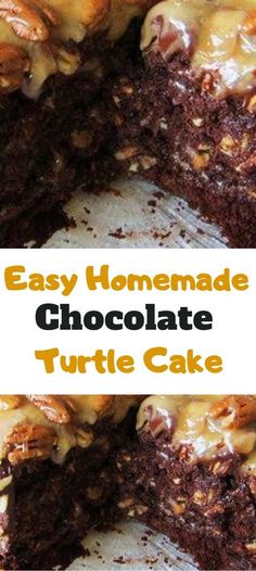 chocolate turtle cake with caramel drizzle on top and the words easy homemade chocolate turtle cake