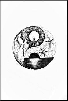 a black and white drawing of a yin - yang symbol with mountains in the background