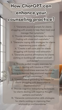 Pin Title: "10 Powerful ChatGPT Prompts for Mental Health Therapists" Pin Description: "Discover lesser-known yet highly effective ChatGPT prompts designed for mental health therapists. From coping skills strategies to relaxation techniques, these prompts will empower therapists to support their clients' mental well-being.  #mentalhealth #therapists #mentalwellness #copingstrategies #relaxationtechniques #mentalhealthsupport" Therapist Organization Ideas, Clinical Supervision Social Work, Self Care For Therapists, Therapist Social Media Content, Calming Strategies For Adults, Clinical Mental Health Counseling, Child Therapist Aesthetic, Psychoeducation And Group Therapy Ideas, Therapist Organization