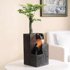 a potted plant sitting inside of a wooden container on top of a table next to a white couch