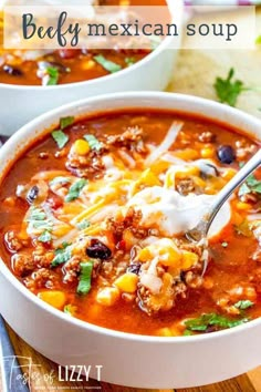 two white bowls filled with beef and mexican soup