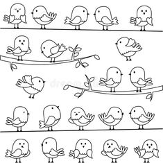 birds on a wire line with different expressions and sizes to make them look like they are holding