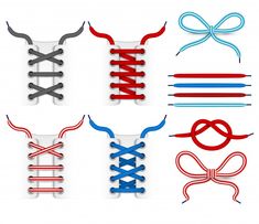 four different colored laces with bows and ribbons on white background, eps 8x8