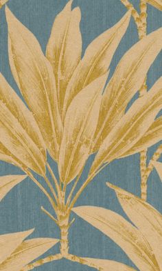 a blue and yellow wallpaper with large leaves on the top right hand corner,