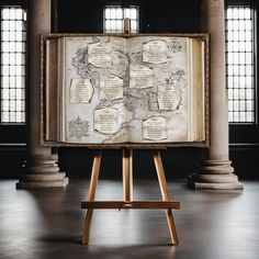 an open book sitting on top of a wooden easel