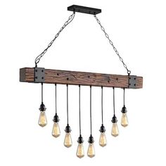 a wooden light fixture with five bulbs hanging from it