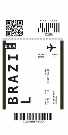 an airplane ticket with the word brazl on it and a barcode in front