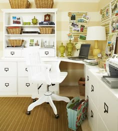 a white desk and chair in a room with striped wall paper on the walls behind it