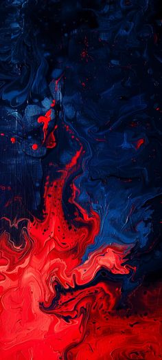 an abstract painting with red, blue and black colors on it's surface that looks like water