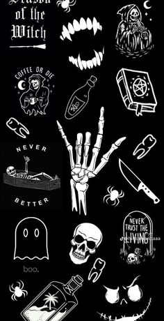 a black and white poster with different types of items on it's back ground