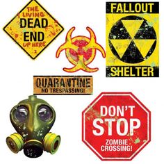 various signs and stickers on a white background including gas mask, radioactive sign, zombie crossing, the living dead end up here