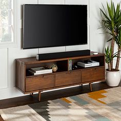 a flat screen tv sitting on top of a wooden entertainment center next to a potted plant