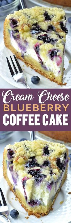 blueberry coffee cake with cream cheese on top is shown in two separate photos and the bottom photo has been taken