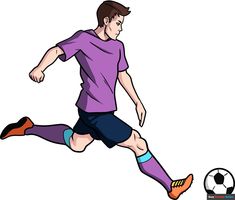 a man in purple shirt kicking a soccer ball