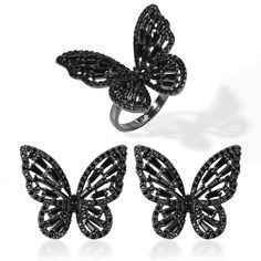 PRICES MAY VARY. 【DESIGN CONCEPT】Black represents mystery and nobility, and butterfly symbolizes beauty and freedom. The statement black butterfly earrings ring set is the best choice for avantgarde women. The AAA+ black cubic zirconia cut by diamond is inlaid on the butterfly, always reflecting the mysterious luster. The large black butterfly ring earrings can be matched with your Gothic style, retro black skirt, Halloween earrings for women and daily casual wear to break the dull wearing. 【QUA Black Butterfly Earrings, Black Jewelry For Mother's Day, Black Jewelry For Valentine's Day Birthday, Black Jewelry For Valentine's Day Party, Black Jewelry For Birthday On Valentine's Day, Gold Butterfly Necklace, Butterfly Necklace Gold, Goth Earrings, Mother's Day Jewelry