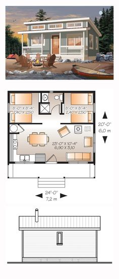 the floor plan for a small cabin with lofts and living quarters, is shown