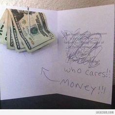 a bunch of money sitting on top of a piece of paper with the words who cares?