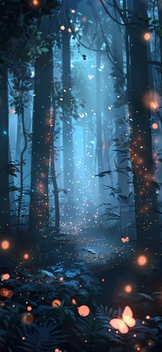 a forest filled with lots of trees and lights in the dark night time, surrounded by leaves