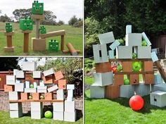 an outdoor play area made out of cardboard boxes with angry birds on top and green apples in the bottom