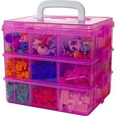 a plastic storage box filled with lots of toys