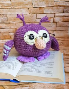 a crocheted owl with glasses sitting on top of an open book and reading