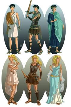 four different types of people dressed in roman clothing and holding swords, standing next to each other