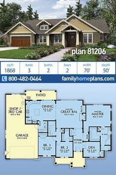 two story house plan with 3 car garage and living room in the front, one bedroom on