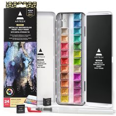 Arteza Half Pans Metallic Watercolor Paint Set of 24 Arteza Watercolor, Watercolor Templates, Pencil Art Projects, Art Studio Inspiration, Professional Art Supplies, Colored Pencil Art Projects, Metallic Watercolor, Water Brush Pen, Pretty School Supplies