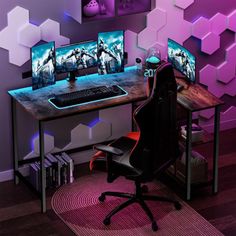 a computer desk with two monitors and a keyboard on it in front of purple hexagons