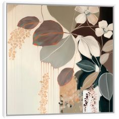 an abstract painting with leaves and flowers on the wall