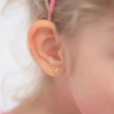 These timeless and classic clear cubic zirconia butterfly screw back earrings are perfect for babies to toddlers. Crafted of 14k yellow gold, a precious material that is suitable for children with sensitive skin. These round cubic zirconia butterfly earrings will make your sweet little girl look gorgeous all day and night. The safety screw backs make these earrings comfortable and suitable for toddlers on the move. Beautiful gift box included. Gold Earrings For Kids Baby, Gold Earrings For Baby Girl, Baby Earrings Infants, Infant Earrings, Baby Jewelry Gold, Gold Earrings For Kids, Small Earrings Gold, Blackout Poetry, Baby Earrings