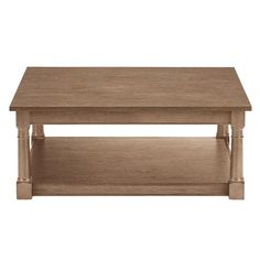 the coffee table is made from wood and has two shelves on each side, with one shelf below it