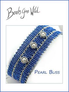 beaded bracelet with beads and pearls in blue, white and silver colors on the front