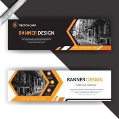 two banners with an orange and black design on the bottom one is for a website