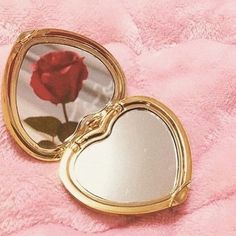 a heart shaped mirror with a red rose in it