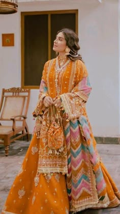 Pakistani Wedding Outfits Mehndi, Pakistani Jaggo Outfit, Mehndi Pakistani Outfit, Mehndi Punjabi Outfit, Sanchak Outfits, Manje Outfits, Orange Traditional Outfits, Mayoun Dress Pakistan, Mayoun Outfit