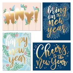 four new year's greeting cards with gold foil lettering and fireworks in the background