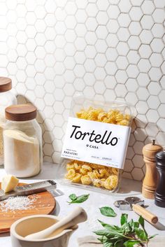 Product of radiatori pasta leaning up against a faux kitchen tile set. Modern kitchen styling. Rummo Pasta, Product Lifestyle Photography, Food And Beverage Photography, Rustic Food Photography, Happy Jar, Beverage Photography, Food Photoshoot, Chicago Food, Food Props