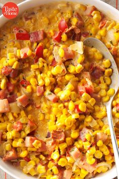 a bowl filled with corn and bacon next to the words, 45 of grandma's favorite church recipes