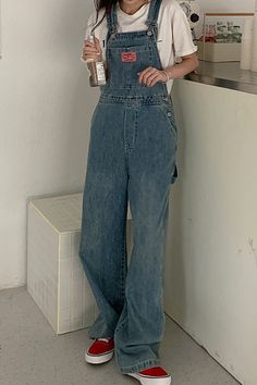 Loose Long Casual Denim Jumpsuit – Nada Outfit Land Casual Denim Blue Overalls, Denim Blue Casual Overalls, Casual Dark Wash Overalls, Solid Denim Bottoms, Washed, Casual Denim Overalls, Casual High Waist Denim Overalls, Solid Washed Denim Bottoms, Solid Color Washed Denim Bottoms, Light Wash High Waist Cotton Overalls