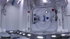 the inside of a space station with lights on