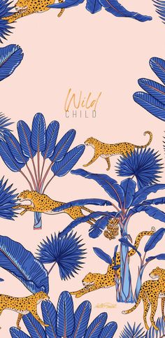 a pink background with blue leaves and leopards in the middle, on top of it